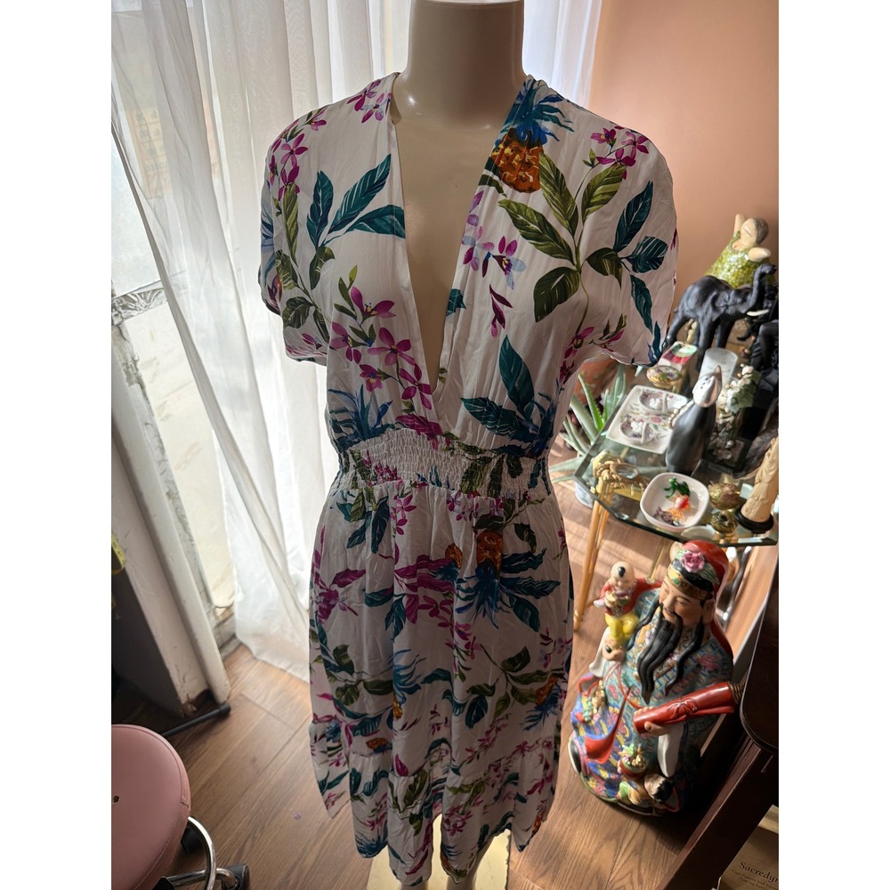 Blue Island Tropical Floral Pineapple Maxi Dress White Smocked Waist Tassel S